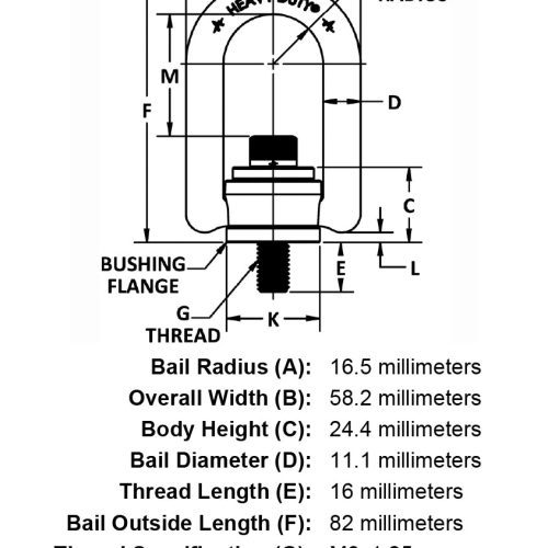 M8 x 16mm 400 kg Heavy Duty Hoist Ring specification diagram