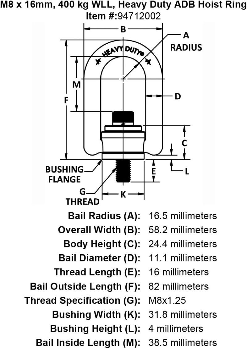 M8 x 16mm 400 kg Heavy Duty Hoist Ring specification diagram