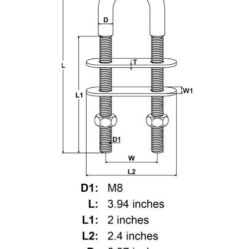 M8 x 2 Stainless Steel U Bolt Oversized Head specification diagram