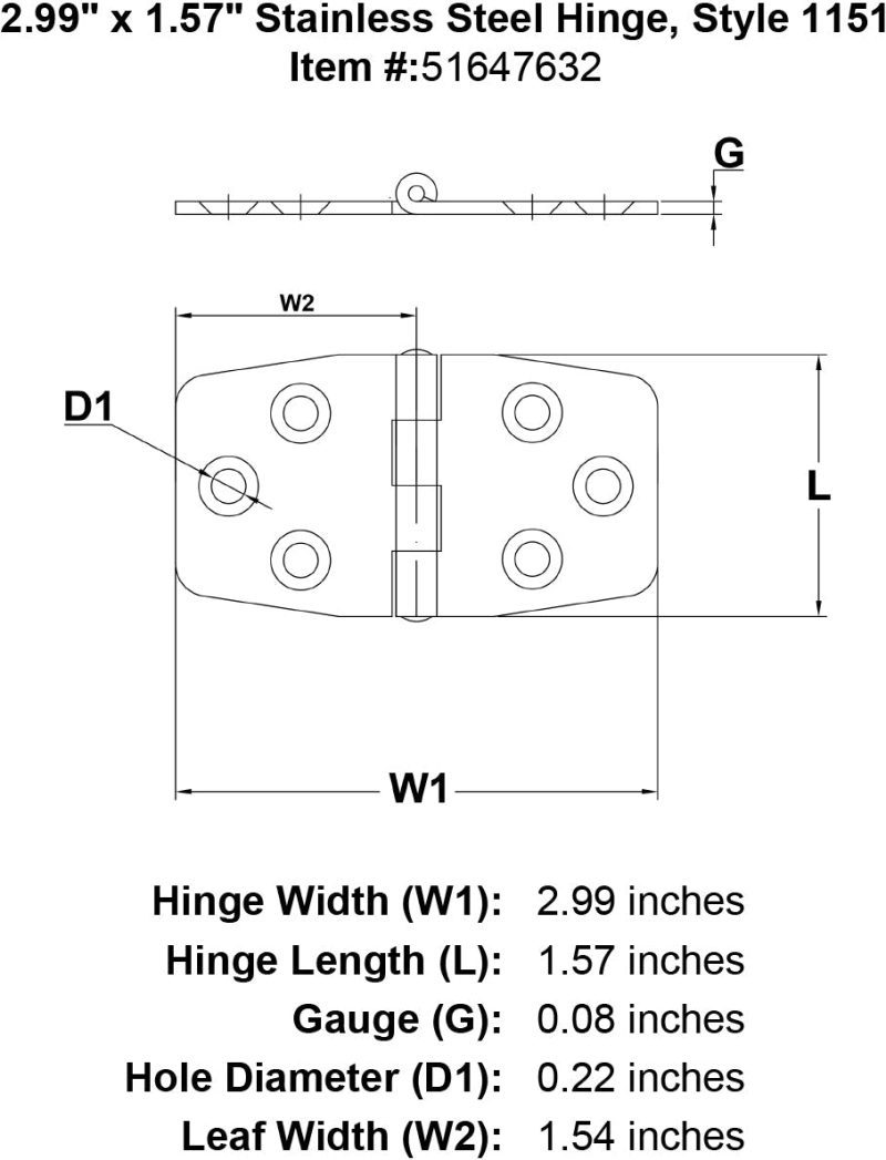 Stainless Steel Hinge Style 1151 specification diagram