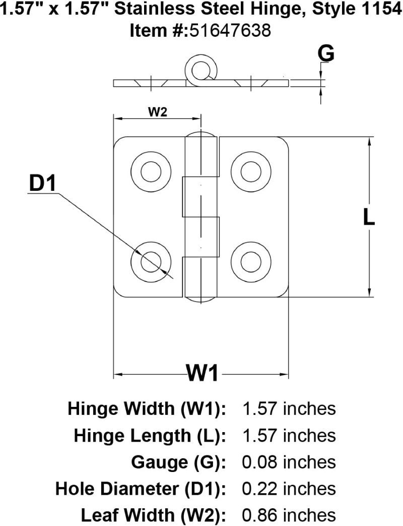 Stainless Steel Hinge Style 1154 specification diagram