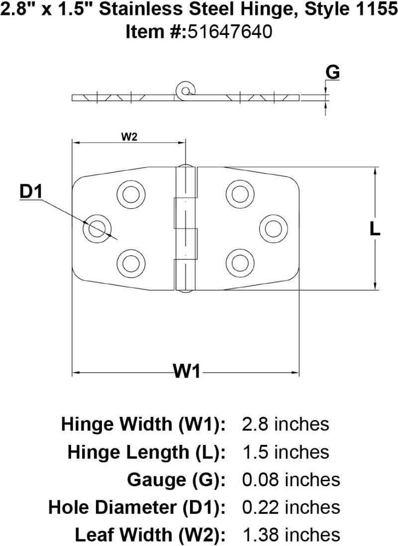 Stainless Steel Hinge Style 1155 specification diagram