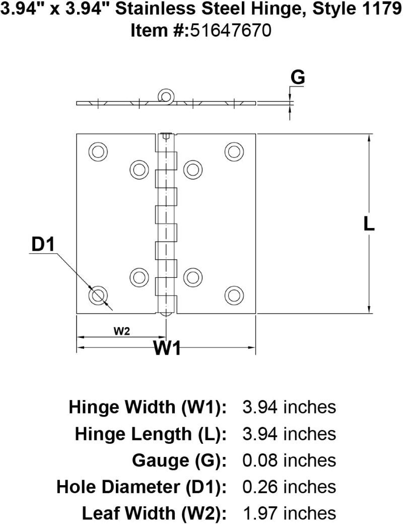 Stainless Steel Hinge Style 1179 specification diagram