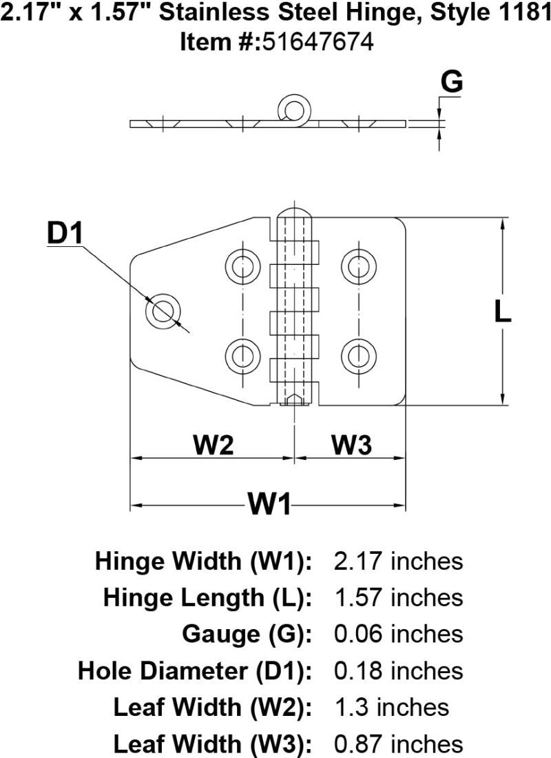 Stainless Steel Hinge Style 1181 specification diagram