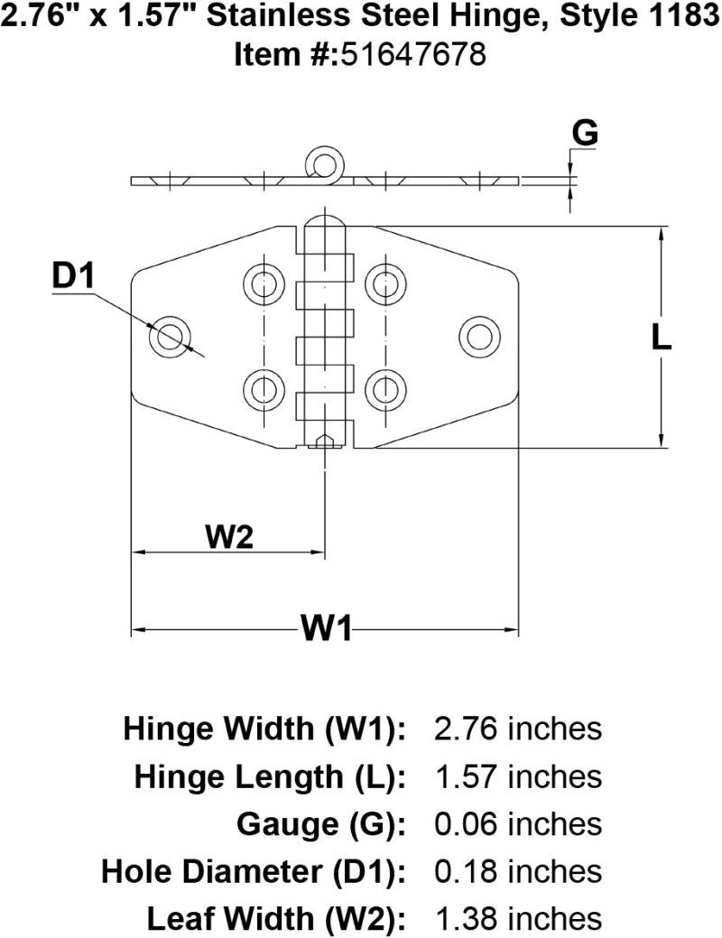 Stainless Steel Hinge Style 1183 specification diagram