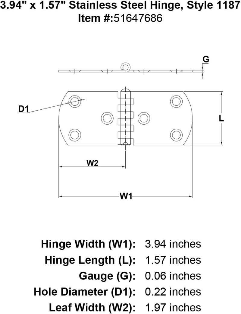 Stainless Steel Hinge Style 1187 specification diagram