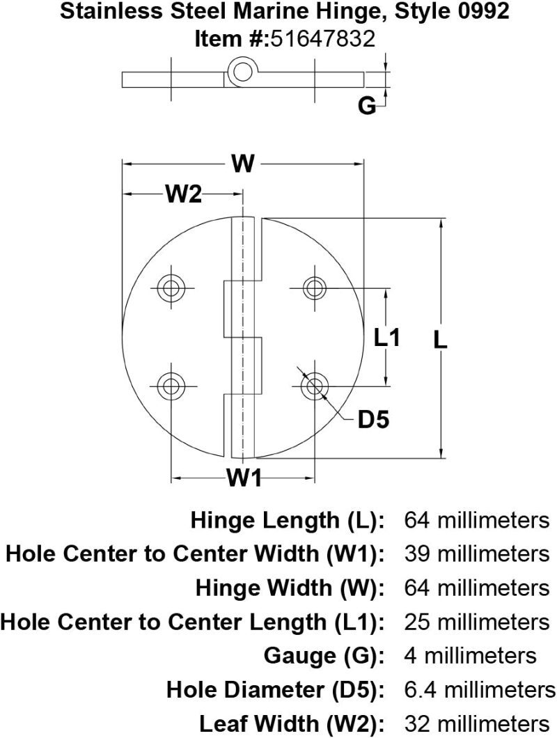 Stainless Steel Marine Hinge Style 0992 specification diagram