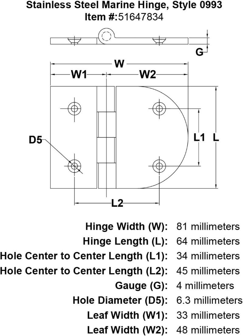 Stainless Steel Marine Hinge Style 0993 specification diagram