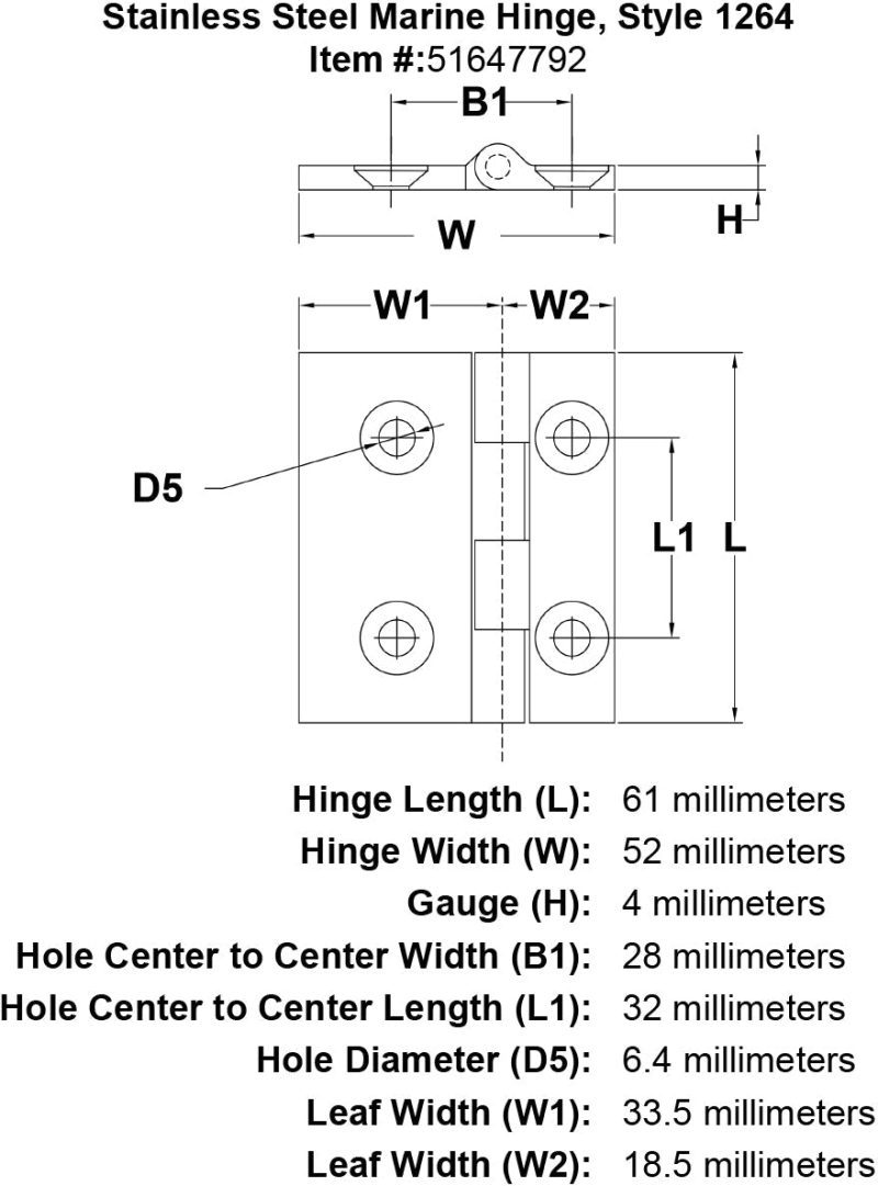 Stainless Steel Marine Hinge Style 1264 specification diagram