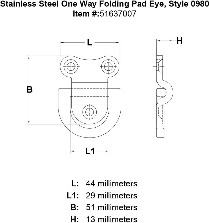 Stainless Steel One Way Folding Pad Eye Style 0980 specification diagram