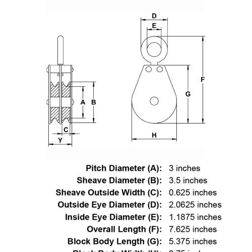 double sheave five sixteenths inch hd swivel eye block specification diagram