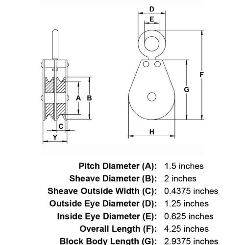 double sheave three sixteenths inch hd swivel eye block specification diagram