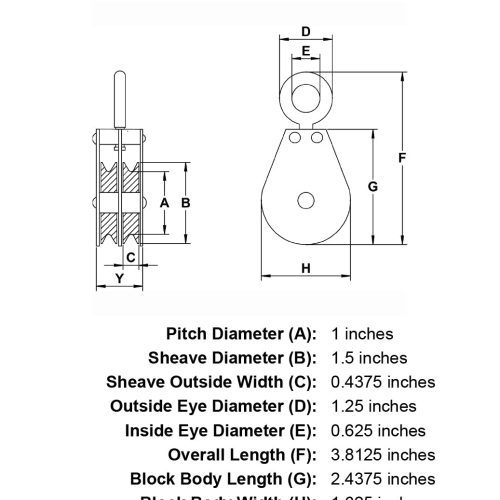 double sheave three sixteenths inch swivel eye block specification diagram