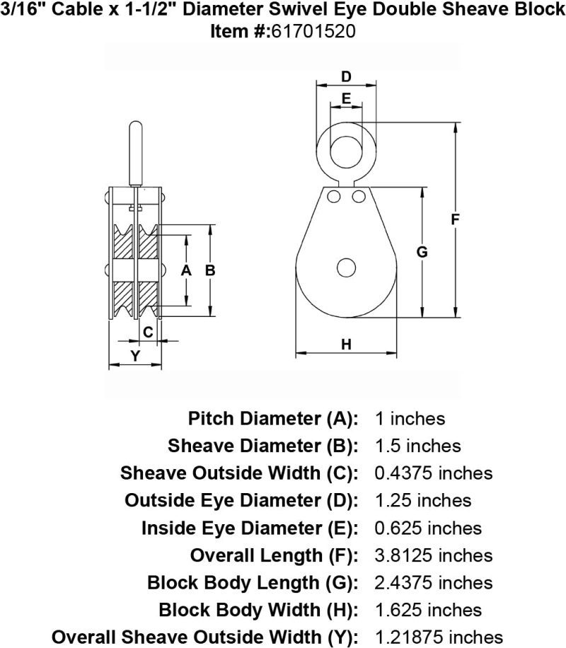 double sheave three sixteenths inch swivel eye block specification diagram