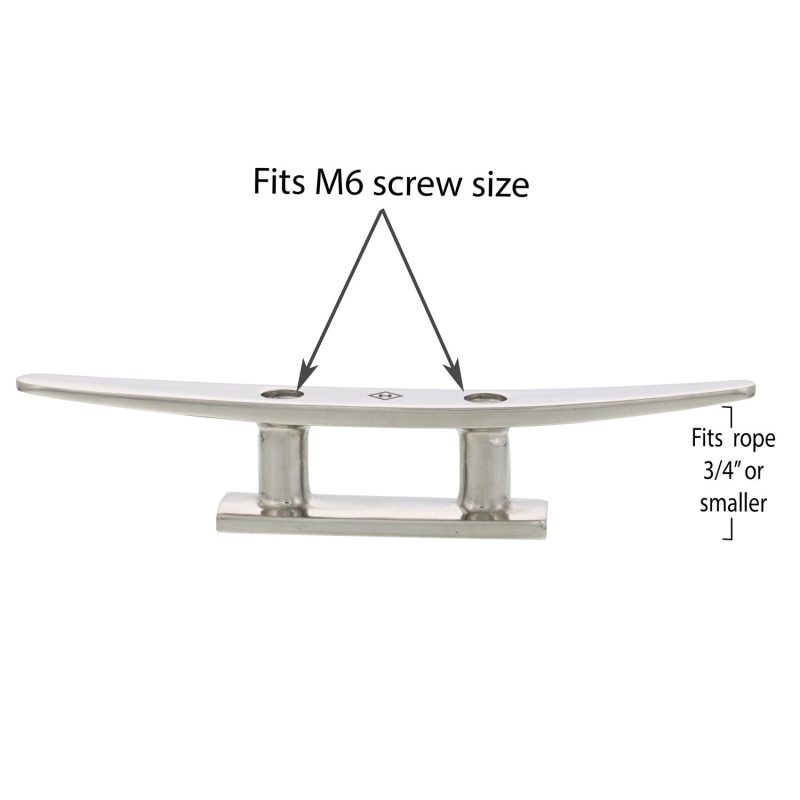 eight inch SS Low Flat Deck Cleat Style A screw and rope size graphic