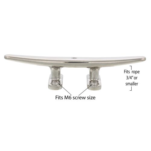 eight inch SS Low Flat Deck Cleat Style B screw and rope size graphic