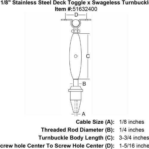 eighth inch stainless steel deck toggle swageless turnbuckle specification diagram