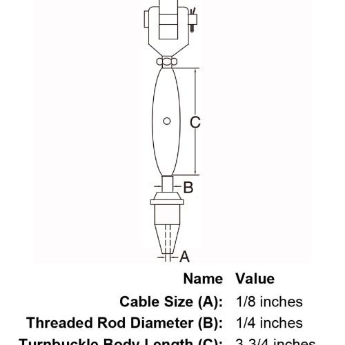 eighth inch stainless steel jaw swageless turnbuckle specification diagram