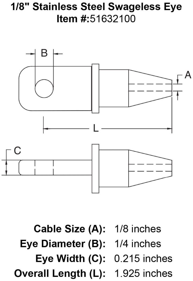 eighth inch stainless steel swageless eye specification diagram