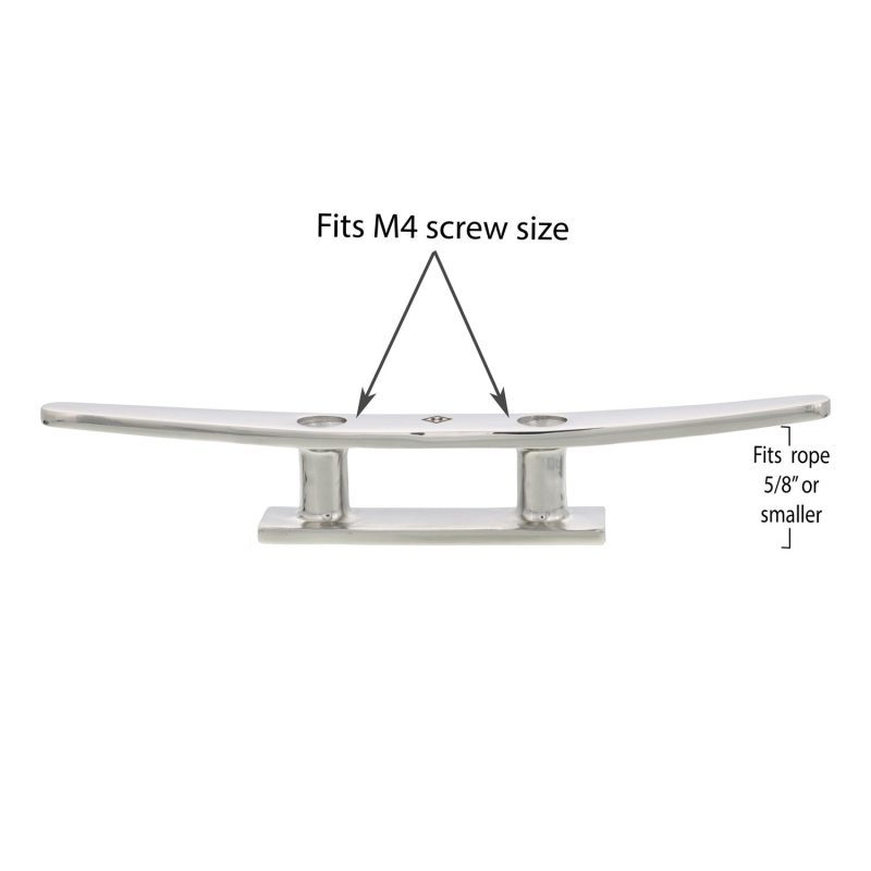 five inch SS Low Flat Deck Cleat Style A screw and rope size graphic