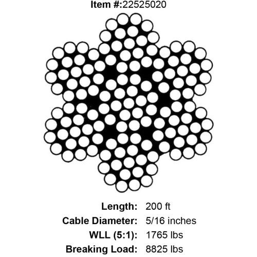 five sixteenths X 200 foot Grade 316 Stainless Cable specification diagram