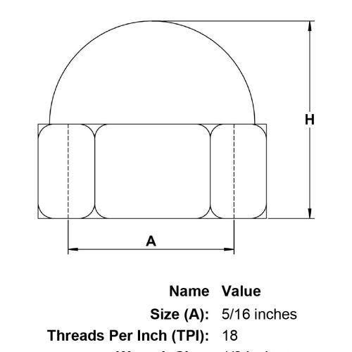 five sixteenths inch stainless dome nut specification diagram