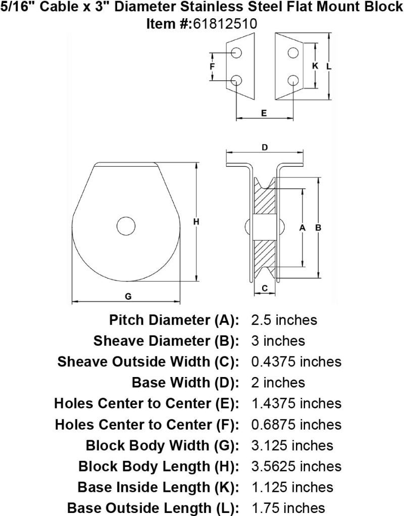 five sixteenths inch stainless flat mount block specification diagram