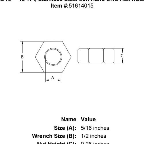 five sixteenths inch stainless hex nut left specification diagram