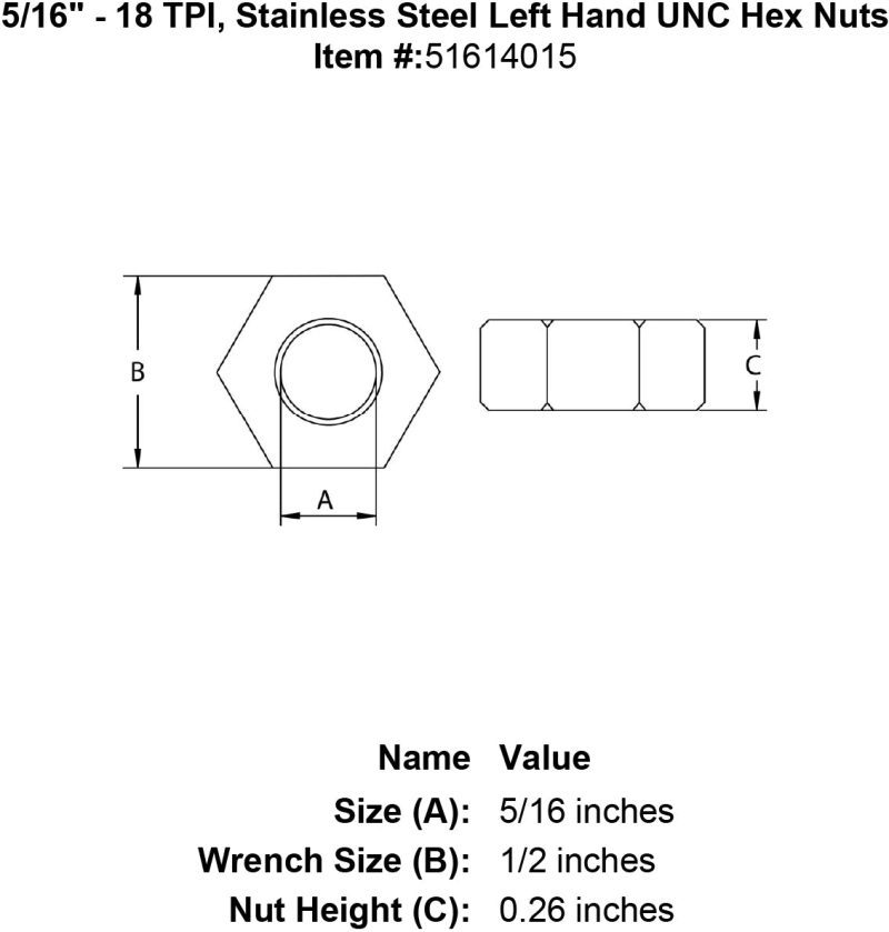 five sixteenths inch stainless hex nut left specification diagram