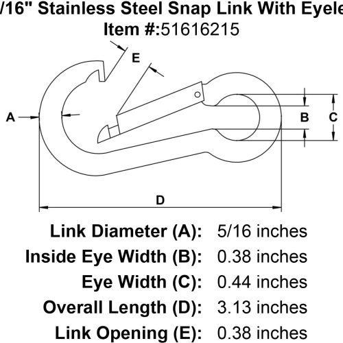 five sixteenths inch stainless snap link eyelet specification diagram