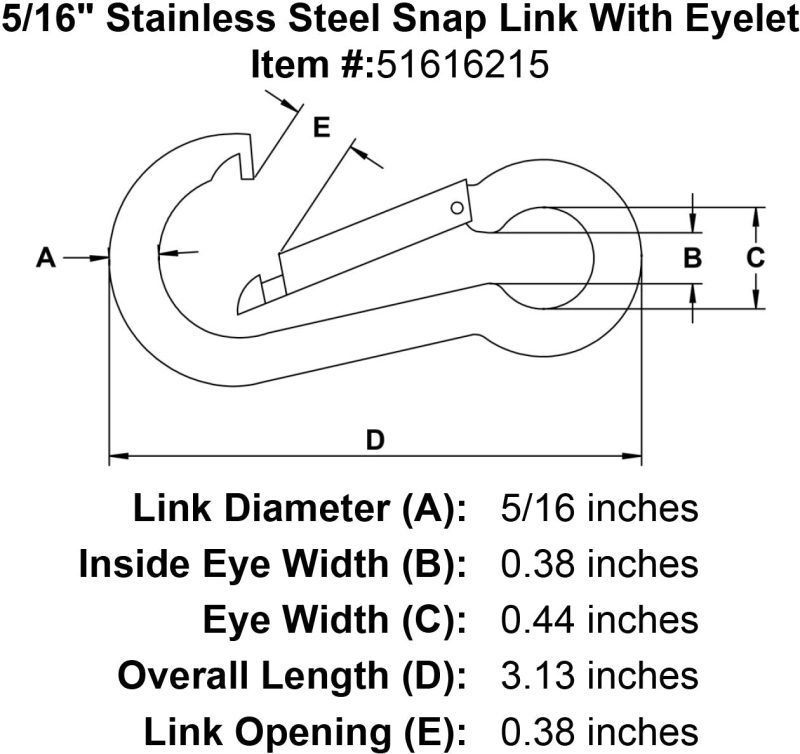 five sixteenths inch stainless snap link eyelet specification diagram