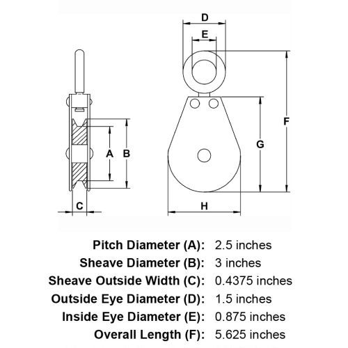 five sixteenths inch stainless swivel eye block specification diagram