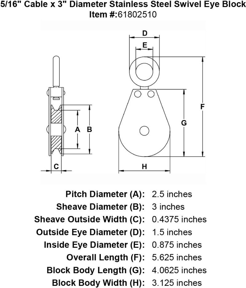 five sixteenths inch stainless swivel eye block specification diagram