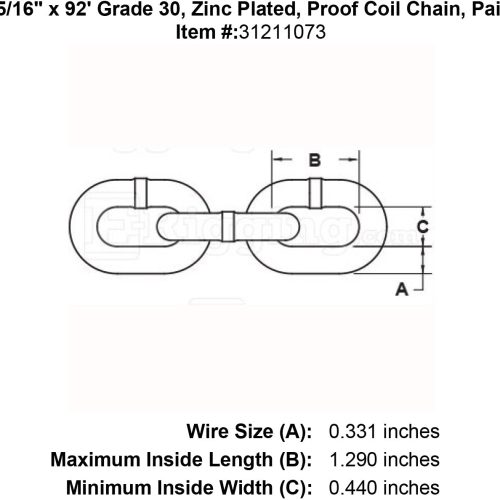 five sixteenths inch x 92 foot Grade 30 Zinc plated chain specification diagram