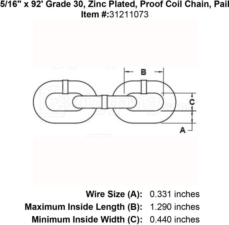 five sixteenths inch x 92 foot Grade 30 Zinc plated chain specification diagram