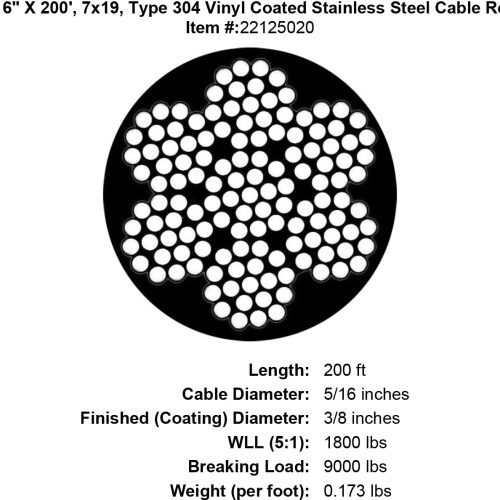 five sixteenths x 200 foot coated stainless cable specification diagram