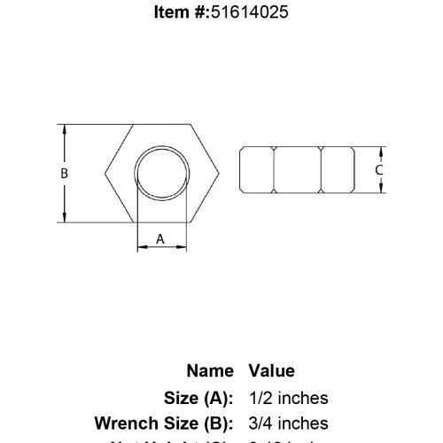 half inch stainless hex nut left specification diagram