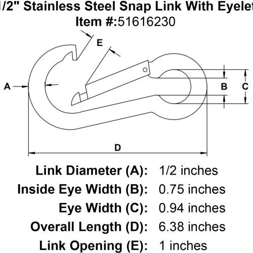 half inch stainless snap link eyelet specification diagram