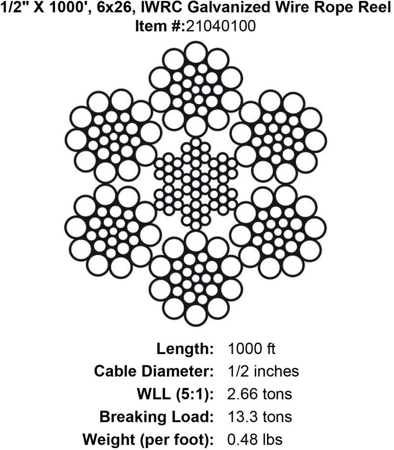 half inch x 1000 foot iwrc galvanized wire rope specification diagram