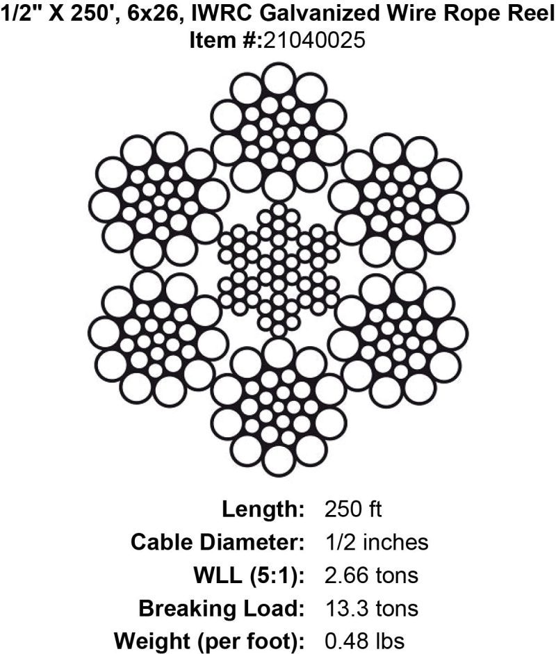 half inch x 250 foot iwrc galvanized wire rope specification diagram