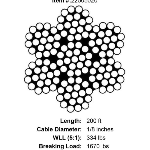 one eighth X 200 foot Grade 316 Stainless Cable specification diagram