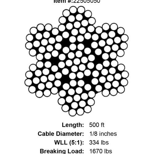 one eighth X 500 foot Grade 316 Stainless Cable specification diagram