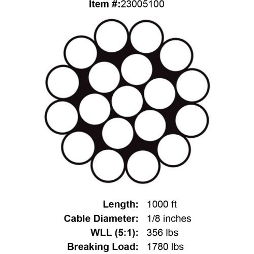 one eighth x 1000 foot 1 x 19 grade 316 stainless cable specification diagram