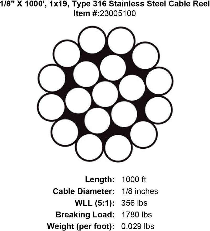 one eighth x 1000 foot 1 x 19 grade 316 stainless cable specification diagram