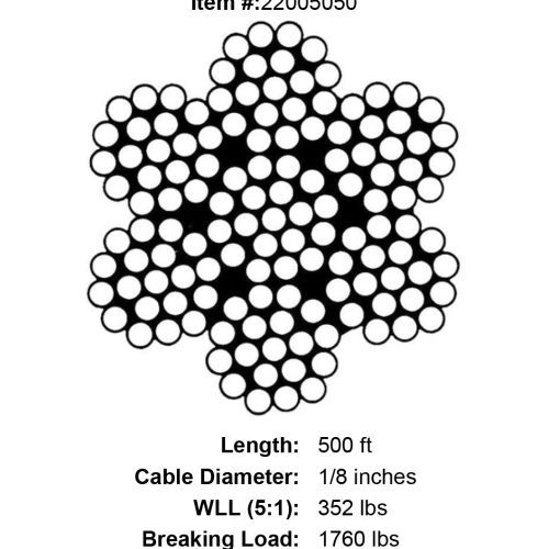 one eighth x 500 foot stainless cable specification diagram