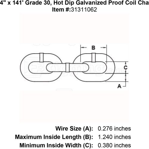 one fourth inch x 141 foot Grade 30 galvanized chain specification diagram