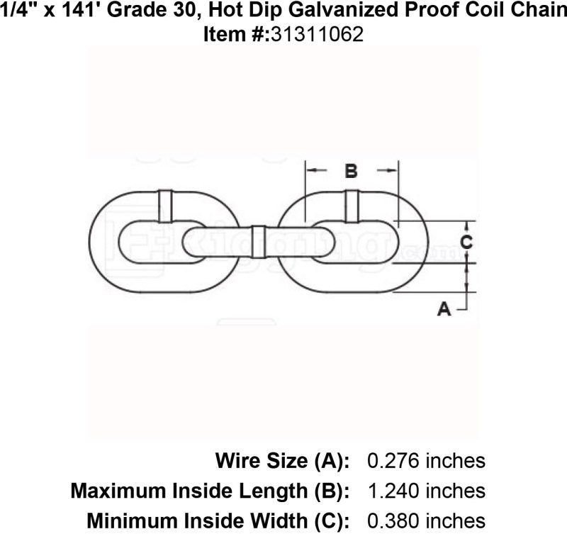 one fourth inch x 141 foot Grade 30 galvanized chain specification diagram