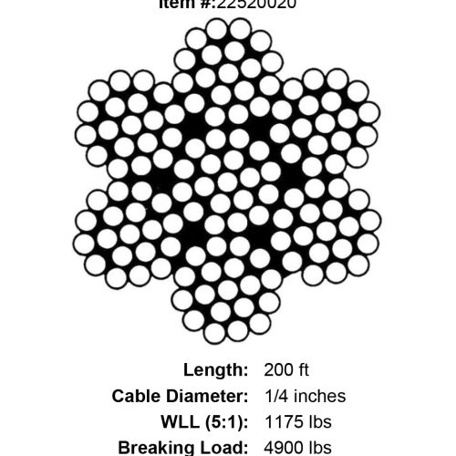 quarter X 200 foot Grade 316 Stainless Cable specification diagram