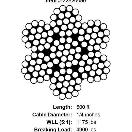 quarter X 500 foot Grade 316 Stainless Cable specification diagram