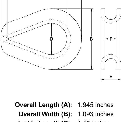 quarter inch Light Duty Wire Rope Thimble specification diagram